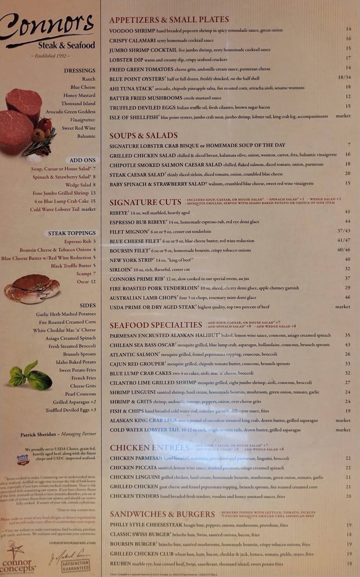 Menu at Connors Steak & Seafood pub & bar, Huntsville