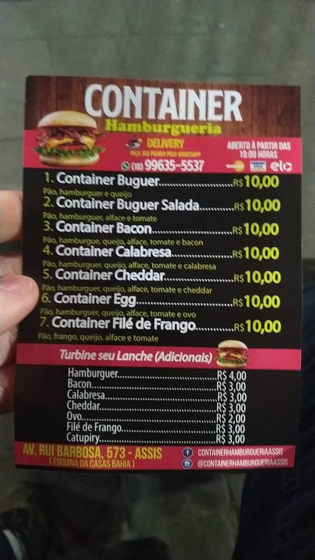Container Hamburgueria cardápio