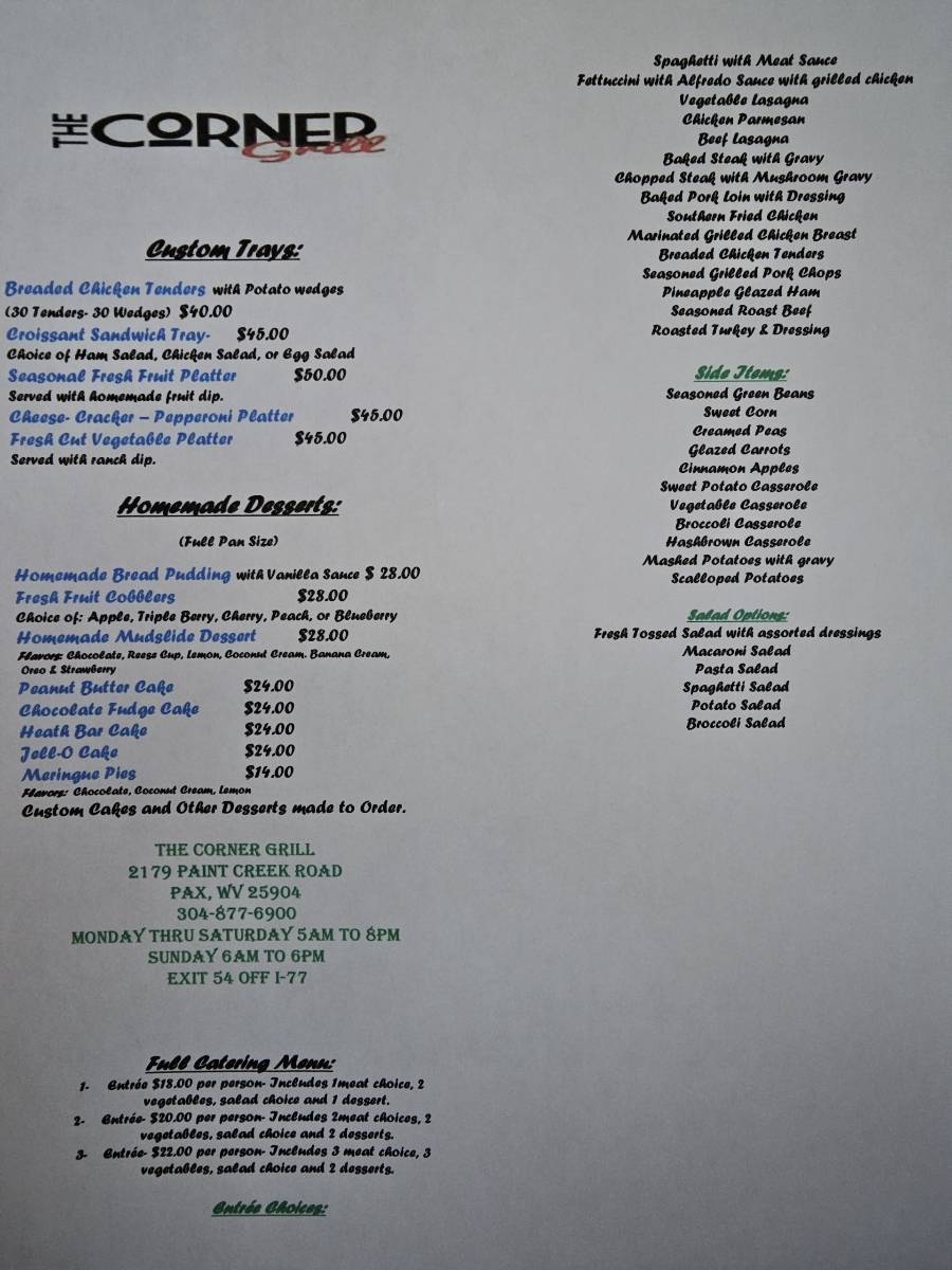 Menu at Corner Gas and Grill restaurant, Pax