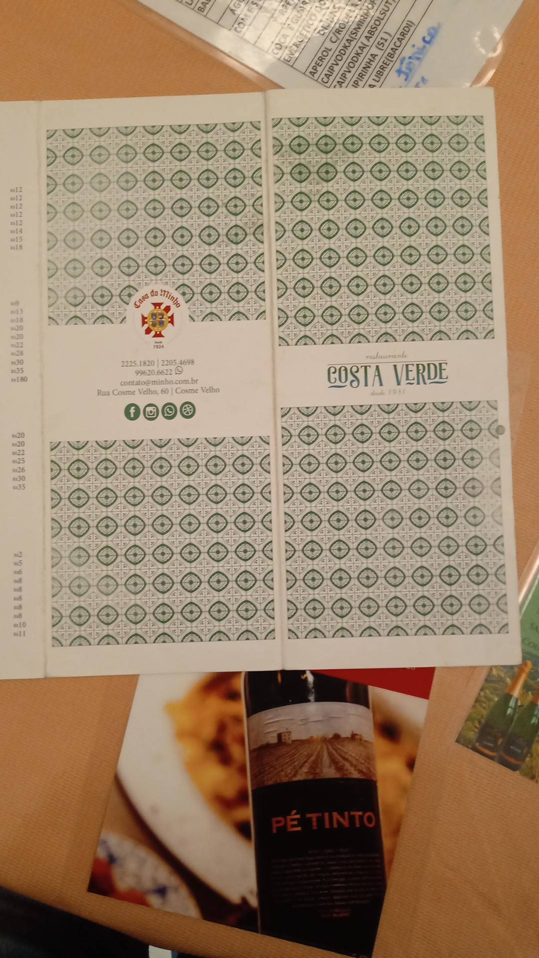 Costa Verde cardápio