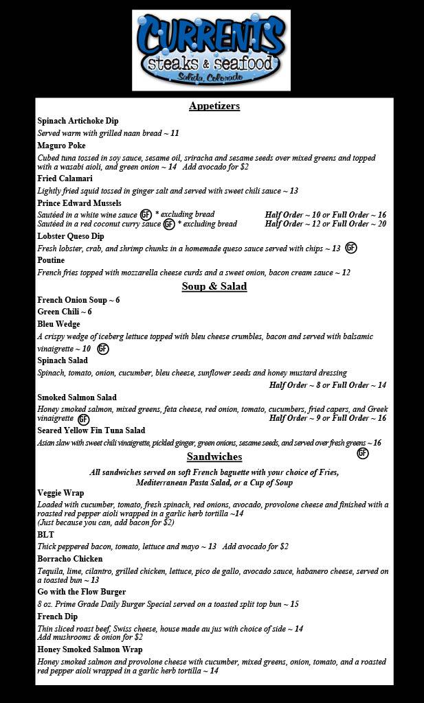 Menu at Currents Restaurant, Salida