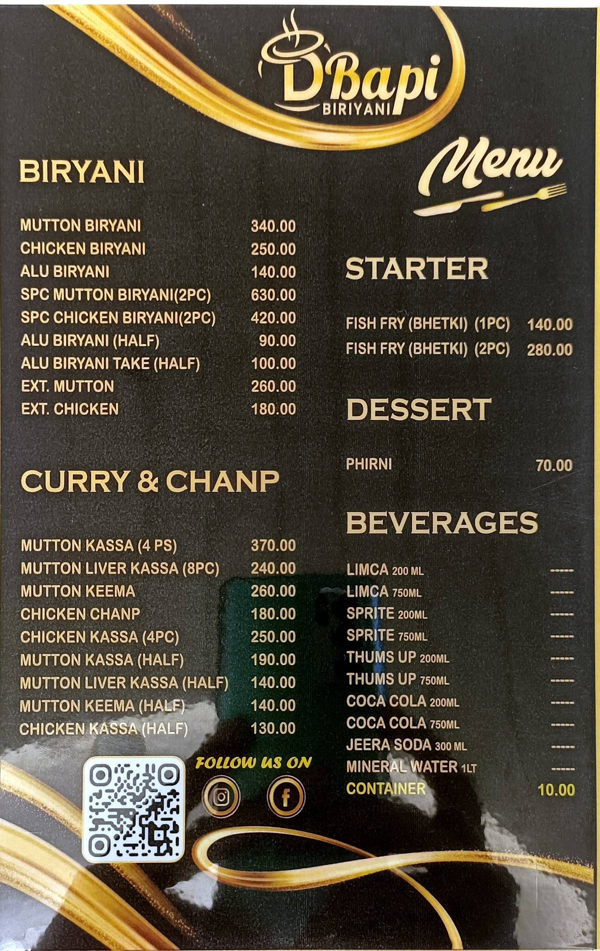 D BAPI BIRIYANI menu