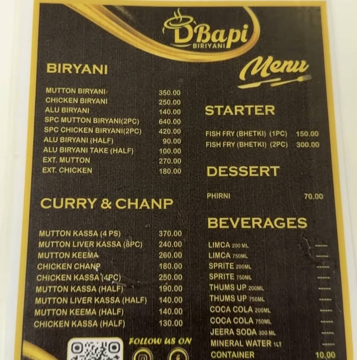 D BAPI BIRIYANI menu