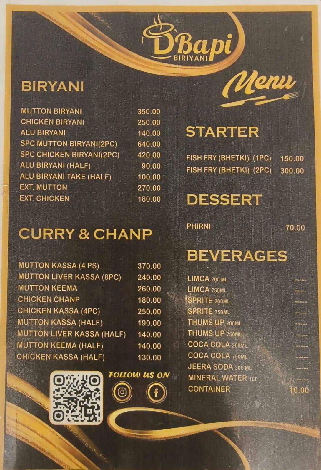 D BAPI BIRIYANI menu