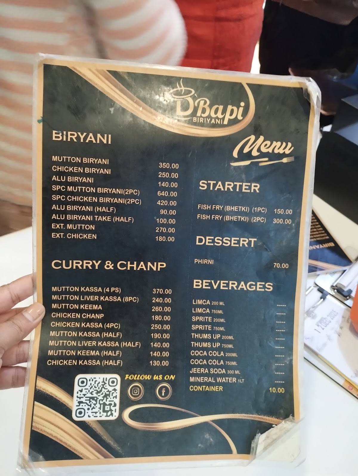 D BAPI BIRIYANI menu