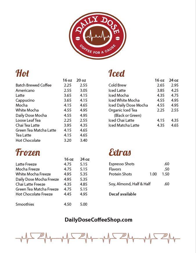 Carta de Daily Dose Coffee Shop, Beachwood