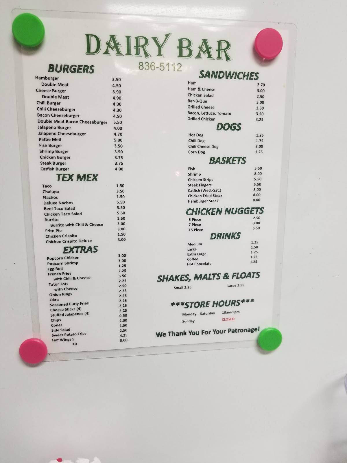 Menu at Dairy Bar, Brenham, S Chappell Hill St