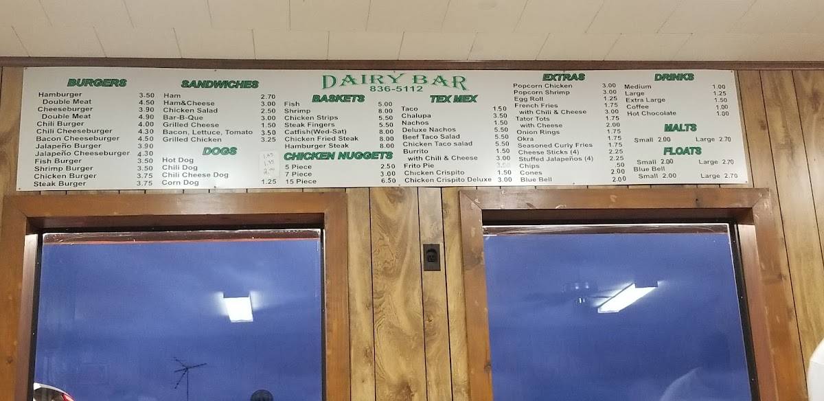 Menu at Dairy Bar, Brenham, S Chappell Hill St