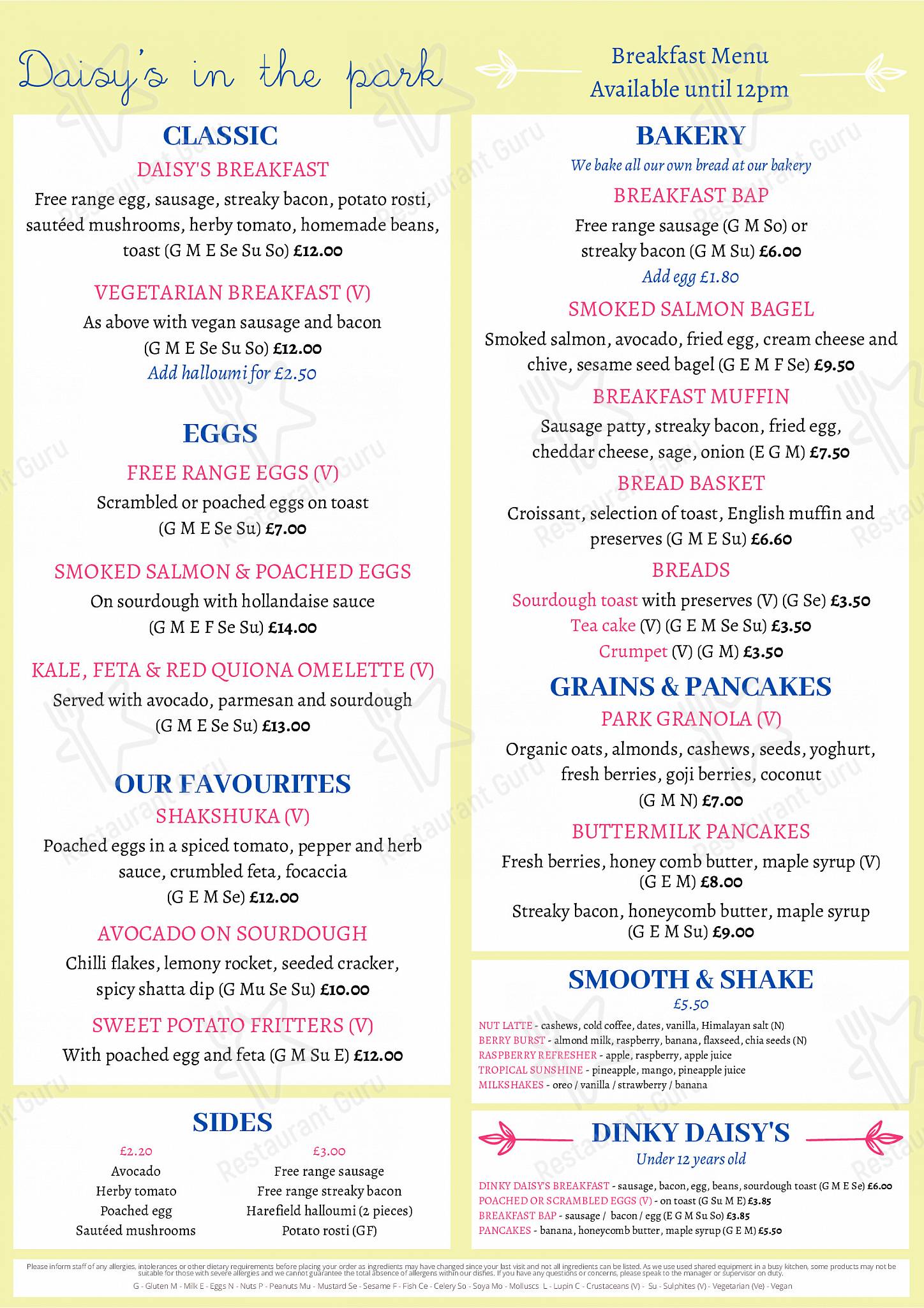 Menu at Daisy's in the Park cafe, Pinner