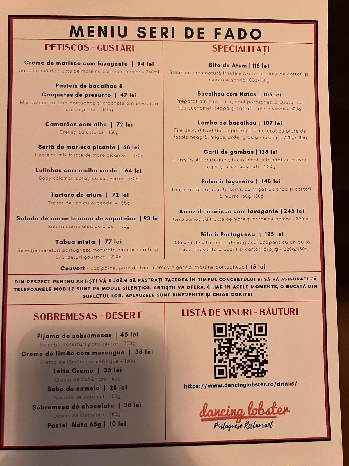 Menu de Dancing Lobster Restaurant Portughez cu Pește și Fructe de Mare