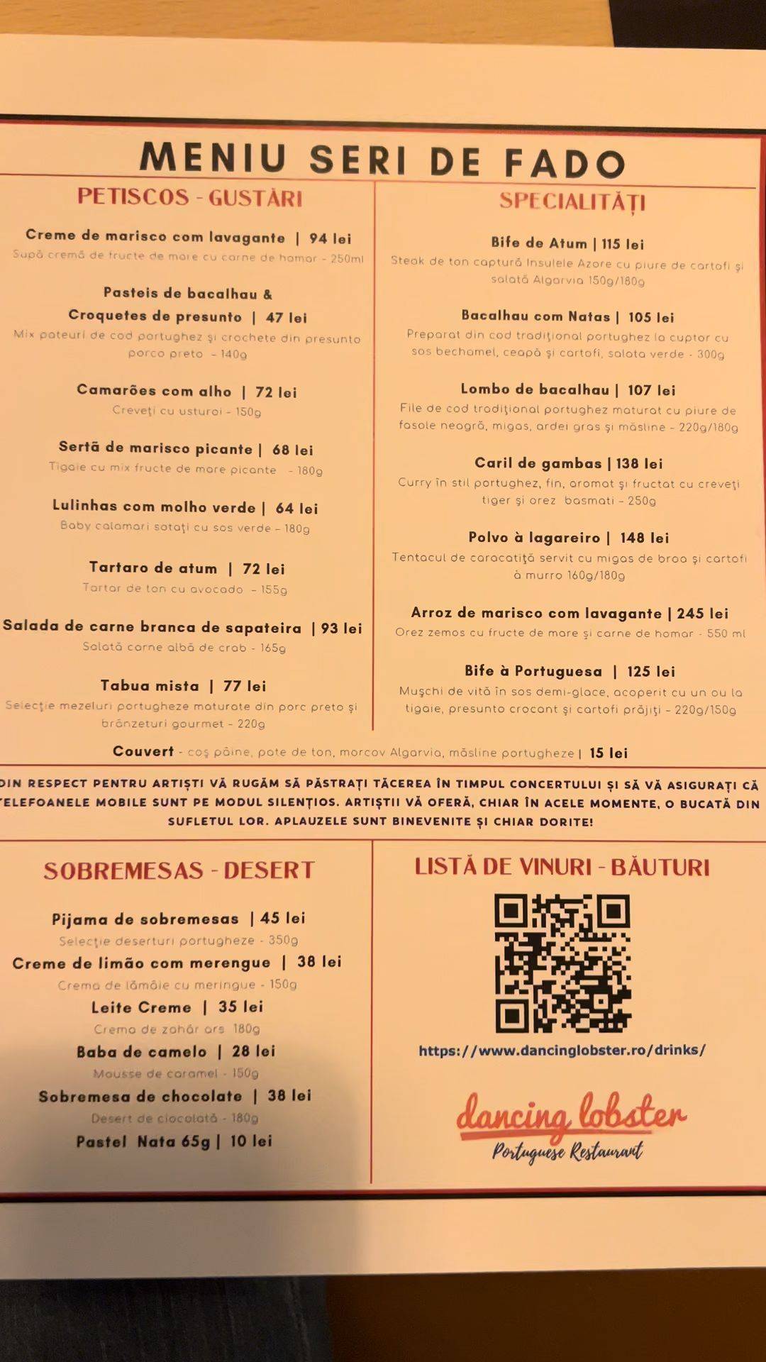 Menu de Dancing Lobster Restaurant Portughez cu Pește și Fructe de Mare