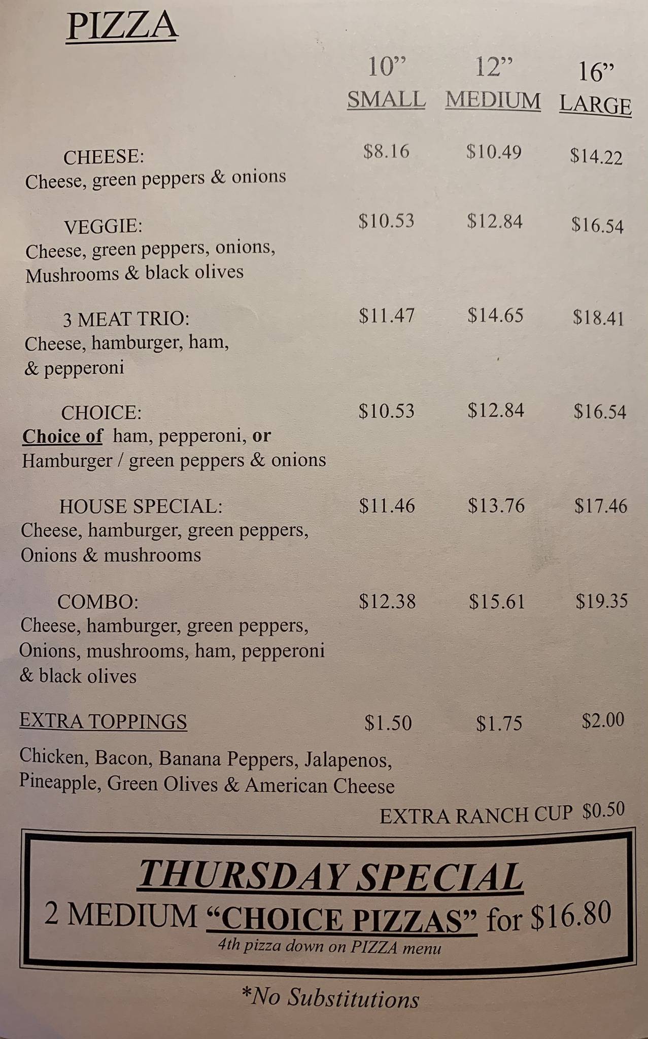 Menu at Dave's Pizza pizzeria, Bartonville