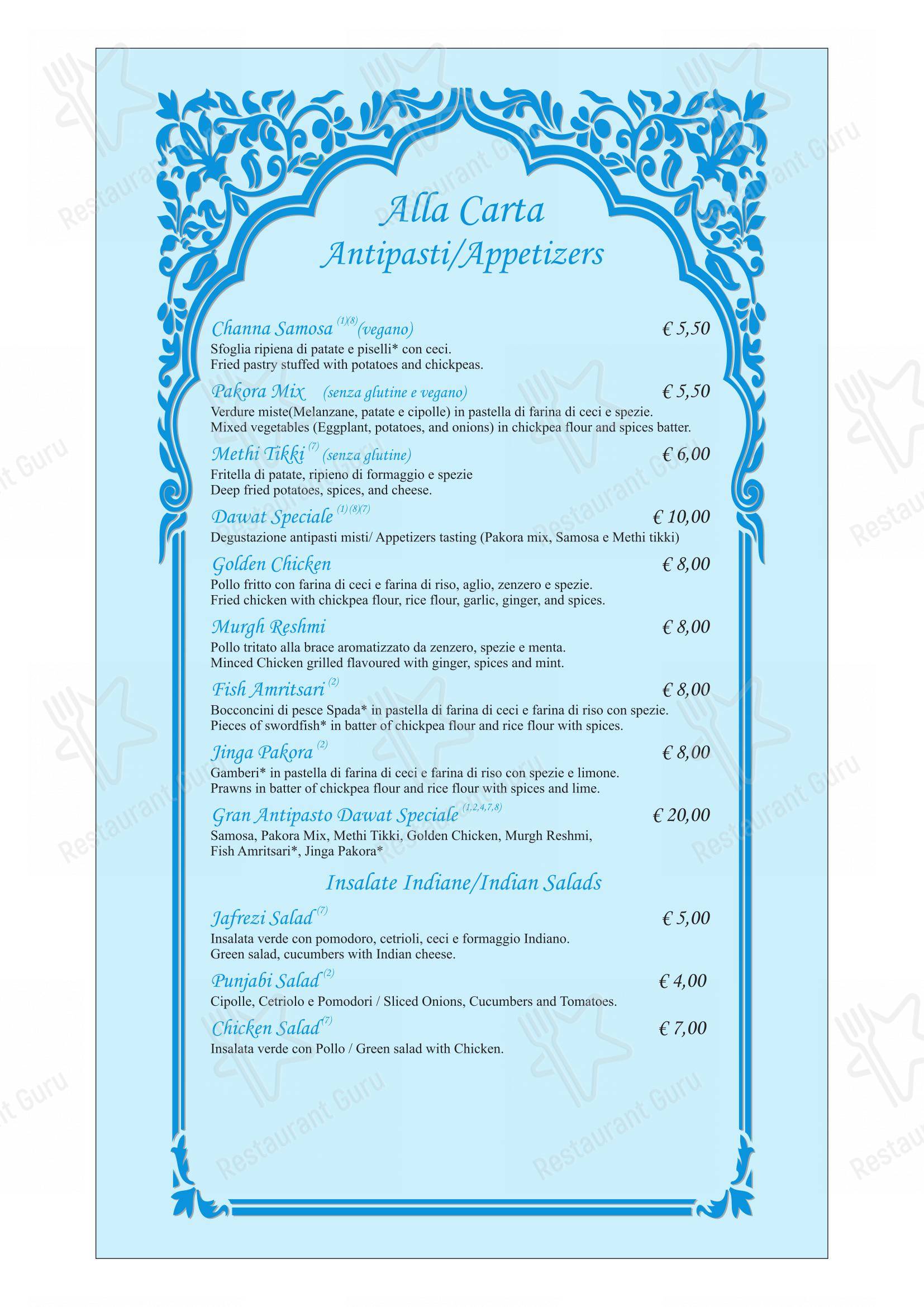 Menu per Ristorante indiano Dawat Torino in Torino