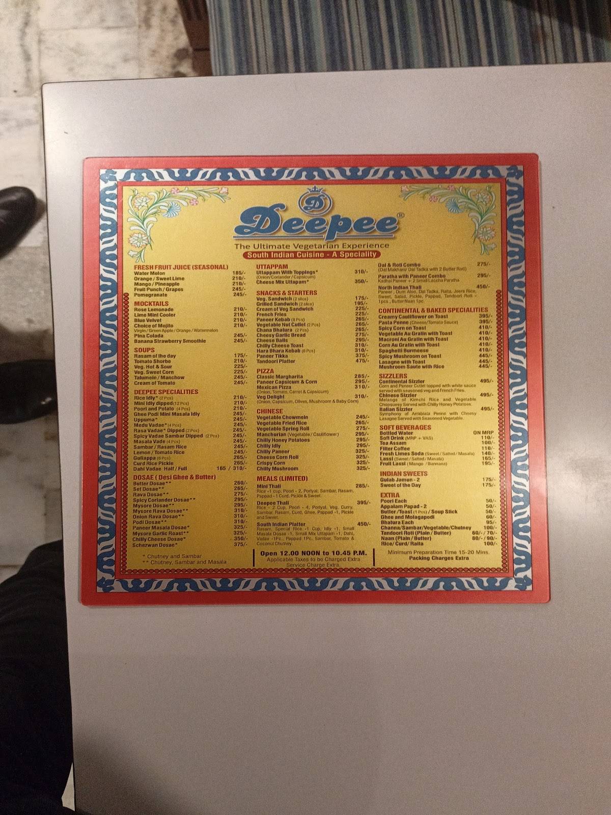 Deepee Restaurant (formerly Dasaprakash) menu