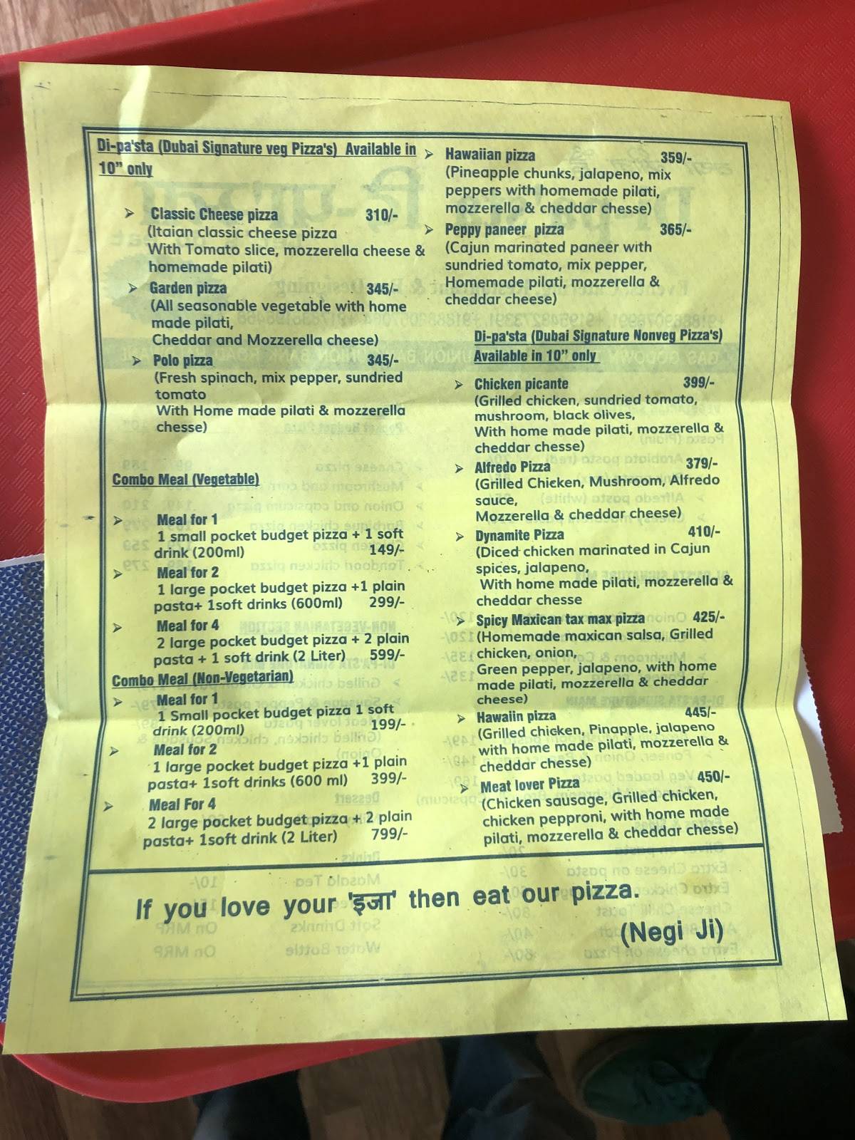 Menu at Dipa'sta café, Haldwani