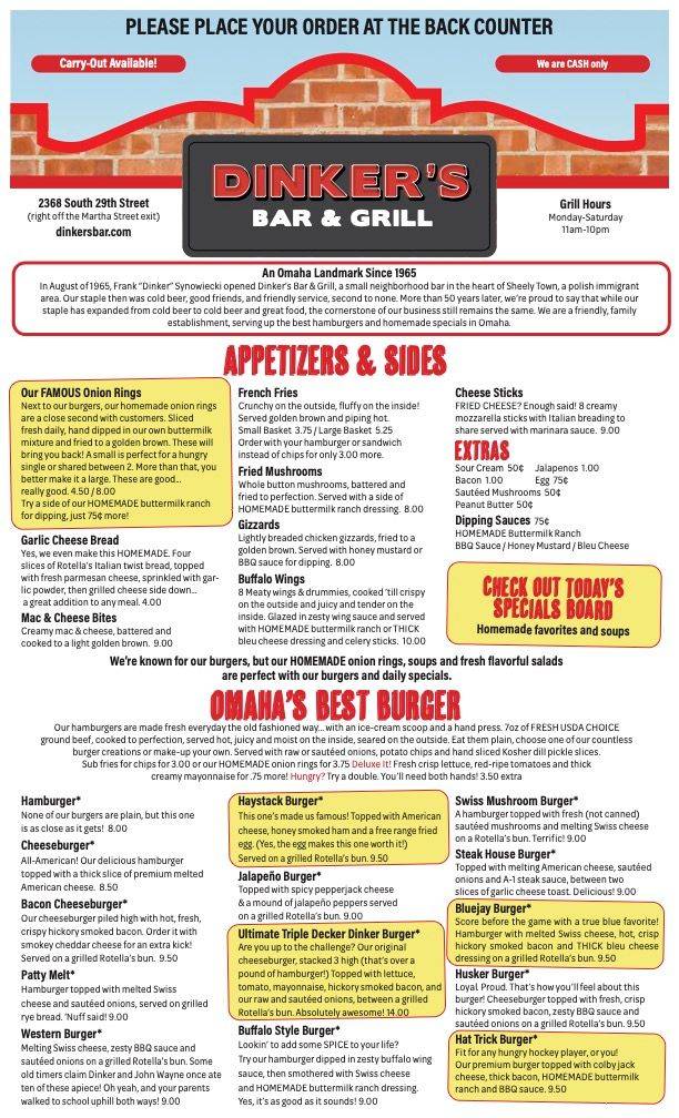 Menu at Dinkers Bar and Grill, Omaha