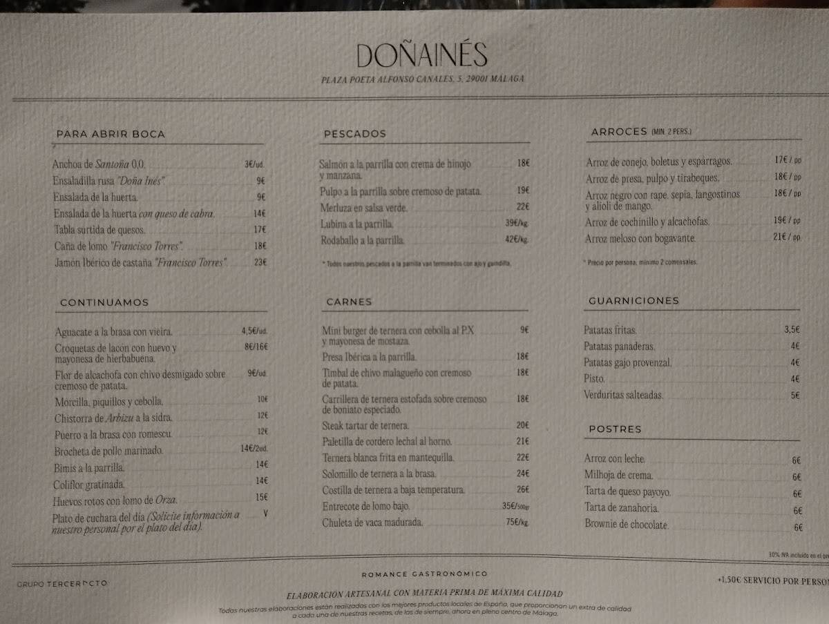 Carta del restaurante Doña Inés, Málaga