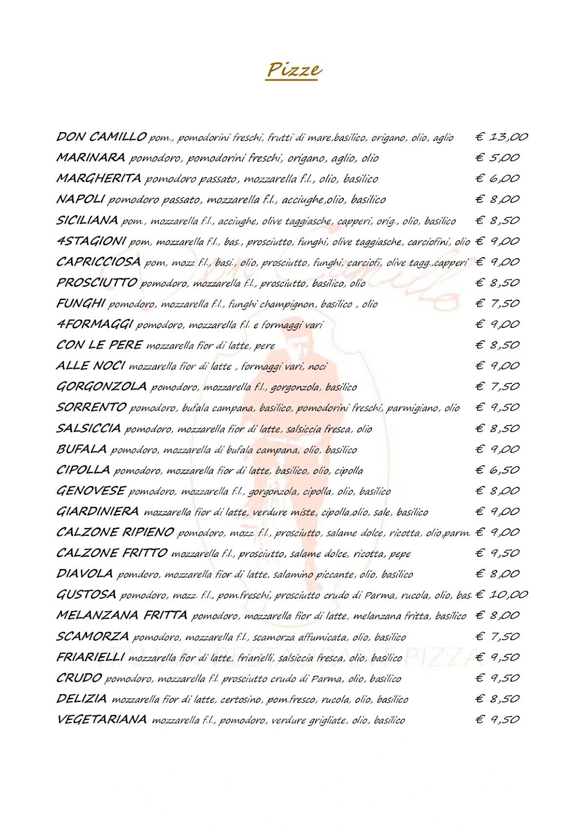 Menu di Don Camillo Italian Restaurant Pizza 
