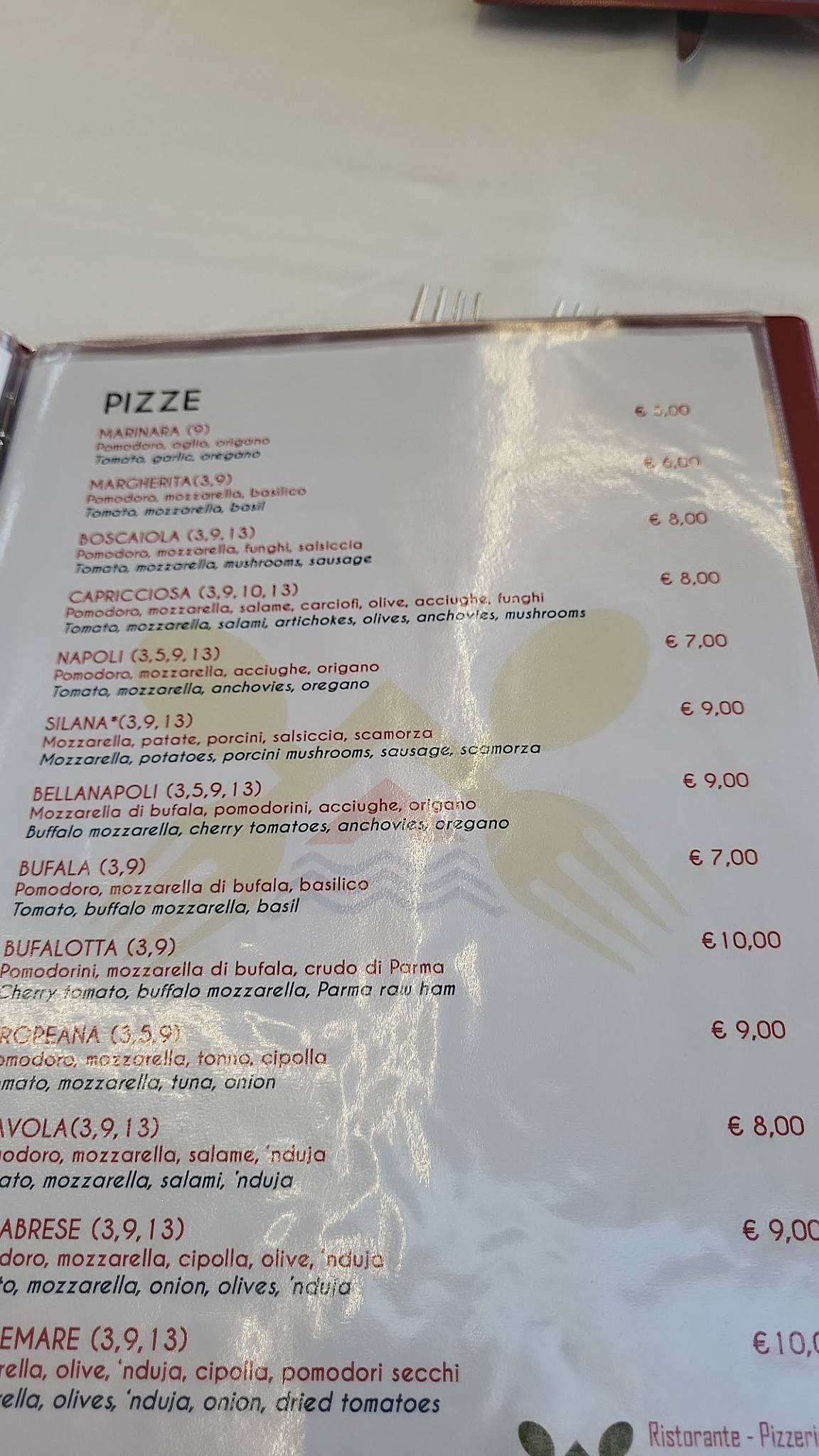 Menu di Ristorante pizzeria collemare 