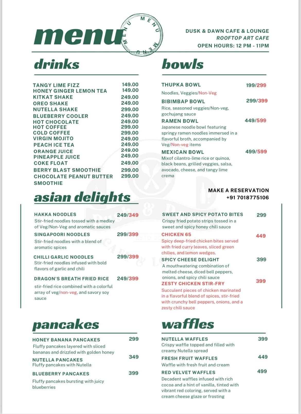 Dusk & Dawn Cafe & Lounge Kasauli menu