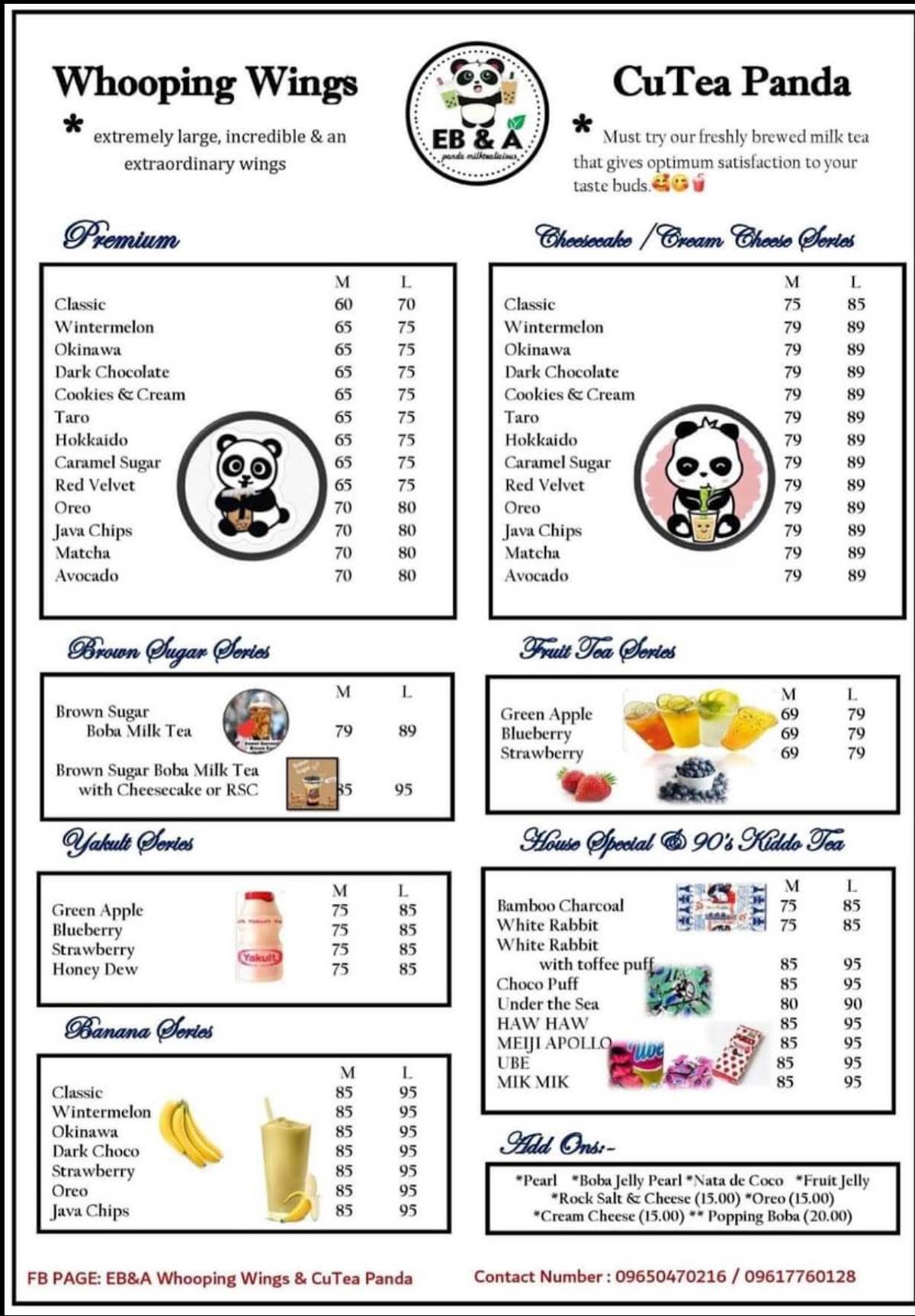 Menu at EBA’s Whooping Wings & CuTea Panda restaurant, Calamba