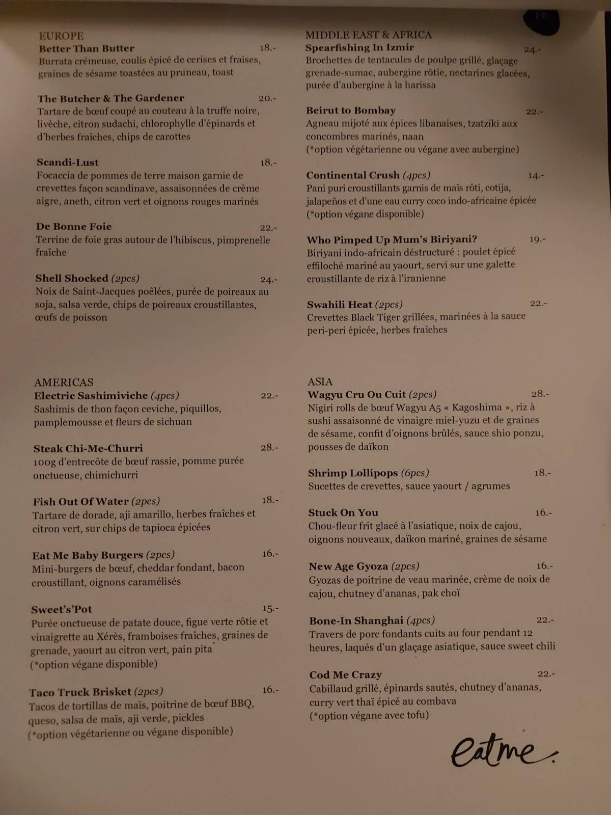 Menu di Eat Me Restaurant & Cocktail Lounge Lausanne 