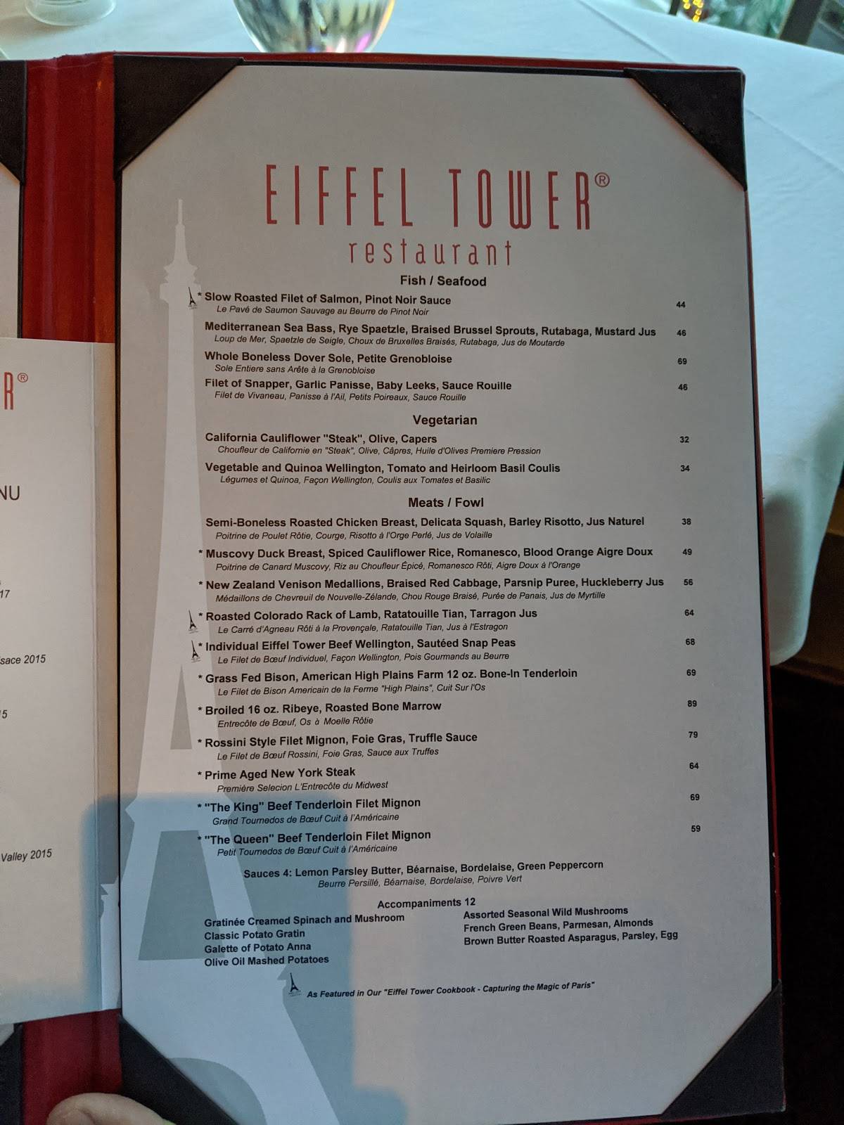 Eiffel Tower Restaurant menu