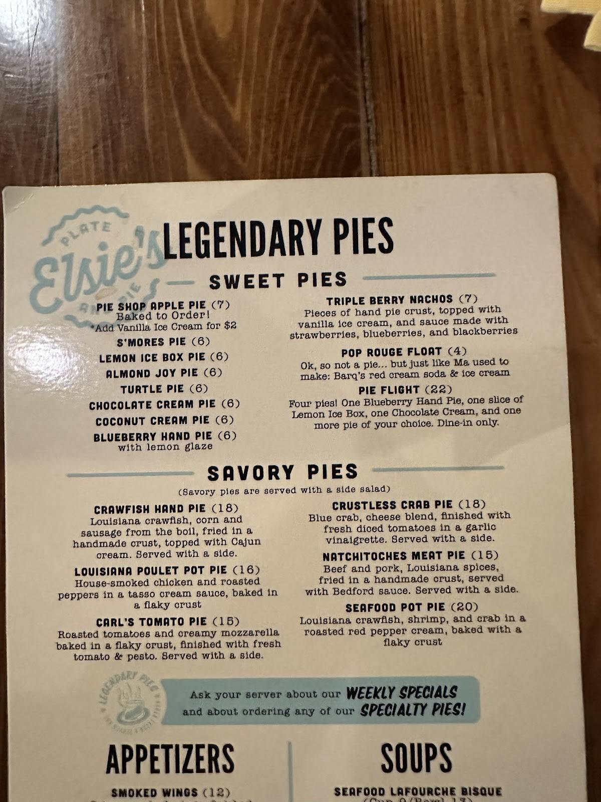 Carta del postres Elsie's Plate & Pie, Baton Rouge