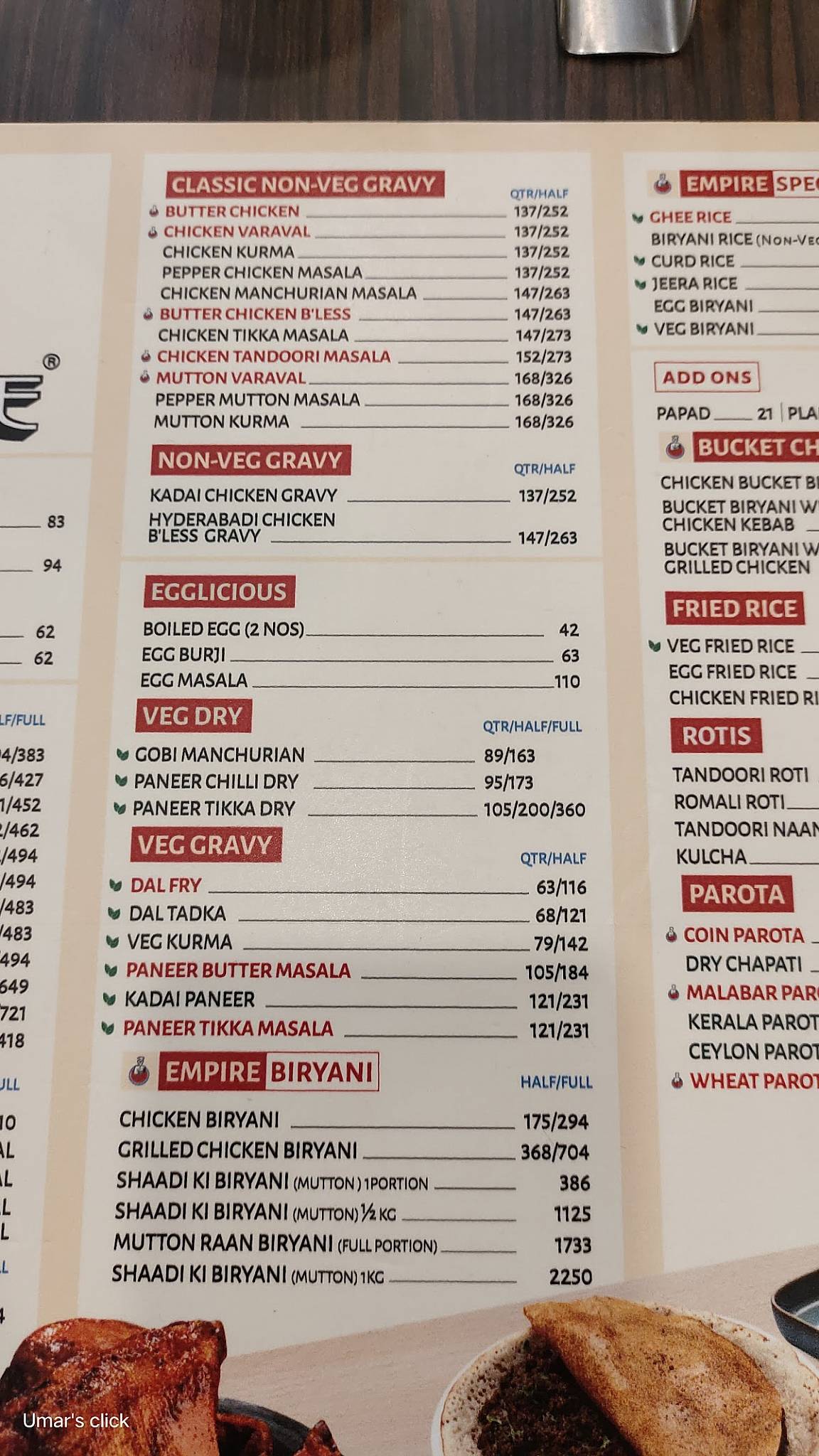 Empire Restaurant menu