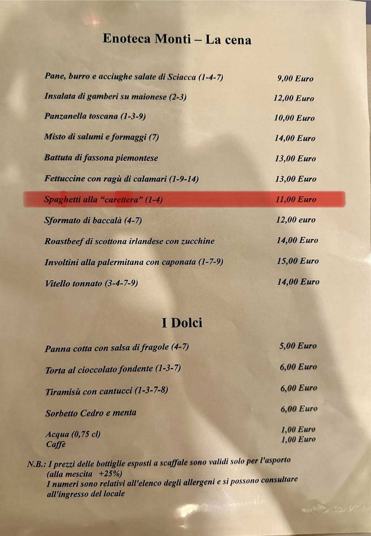 Menu di Enoteca Monti 