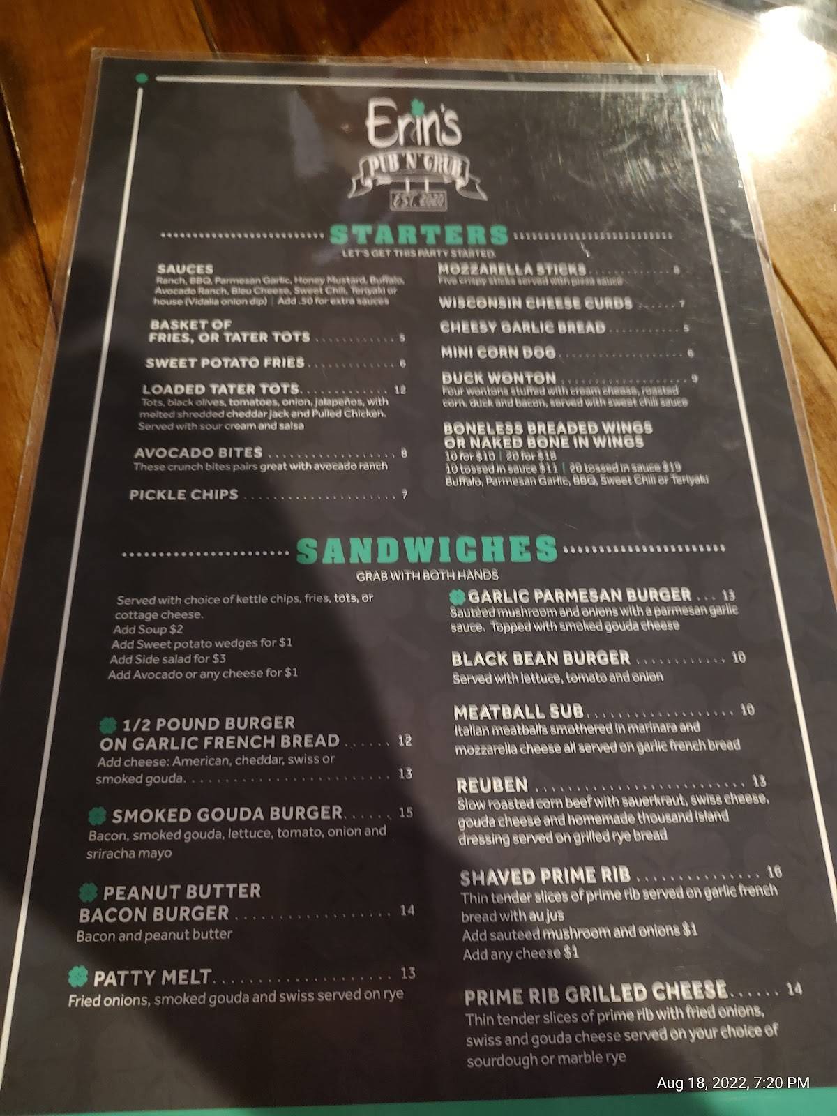 Menu at Erin's Pub 'N' Grub, Eagle River