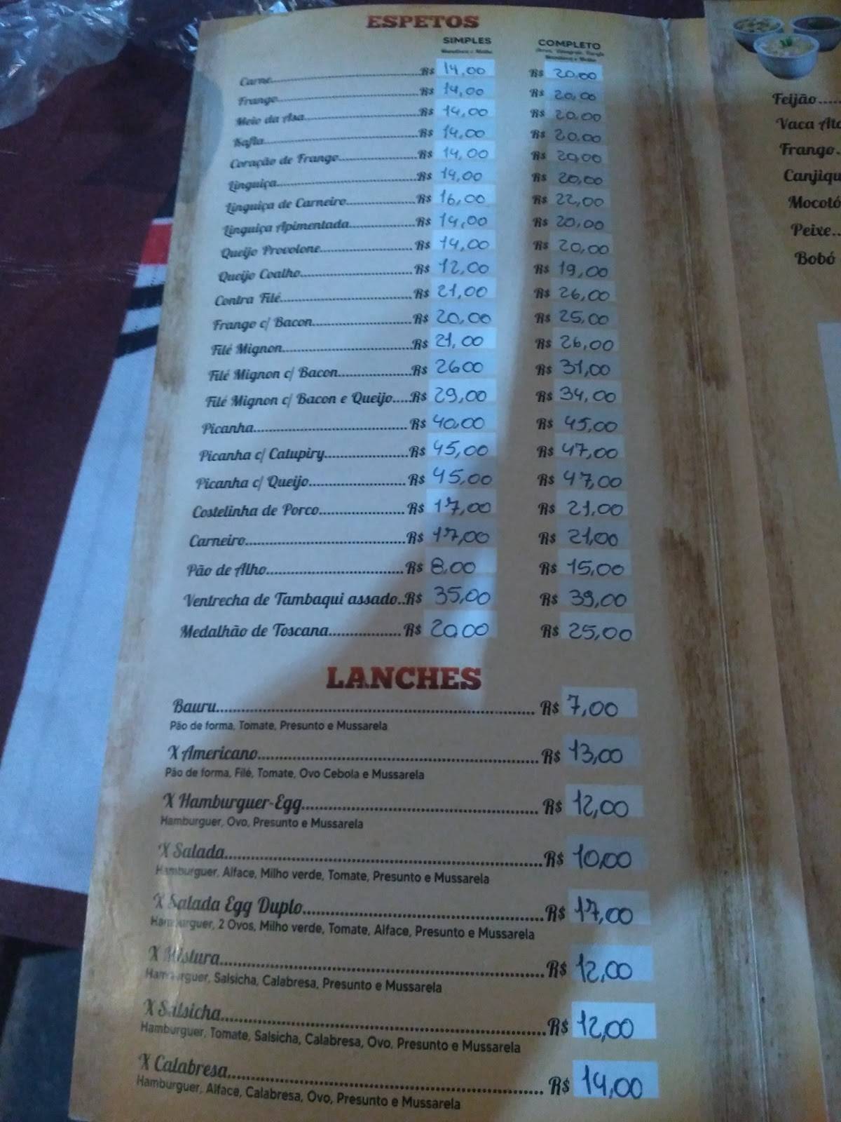 Espetos e Cia cardápio