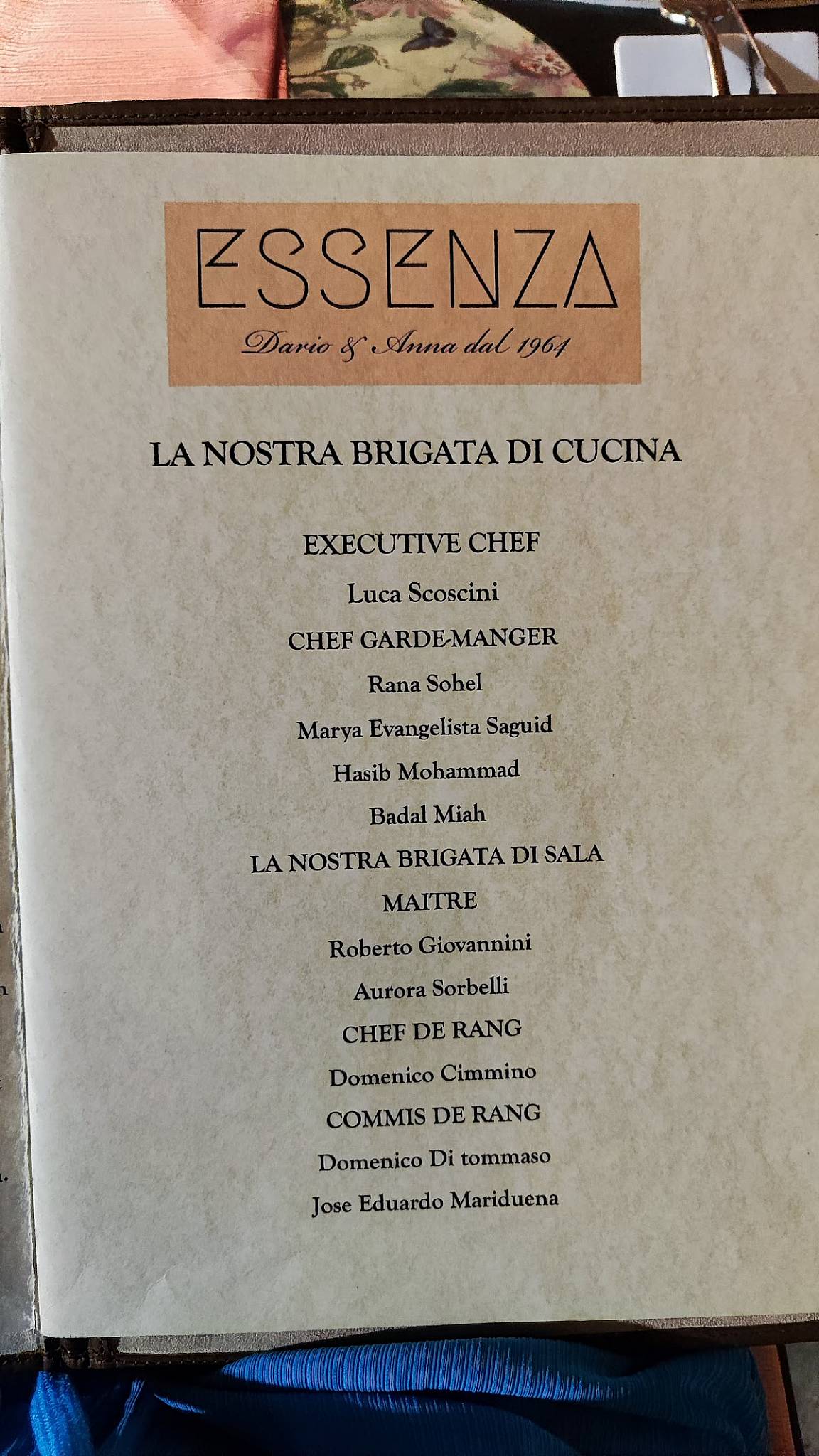 Menu di Essenza Dario e Anna - dal 1964 
