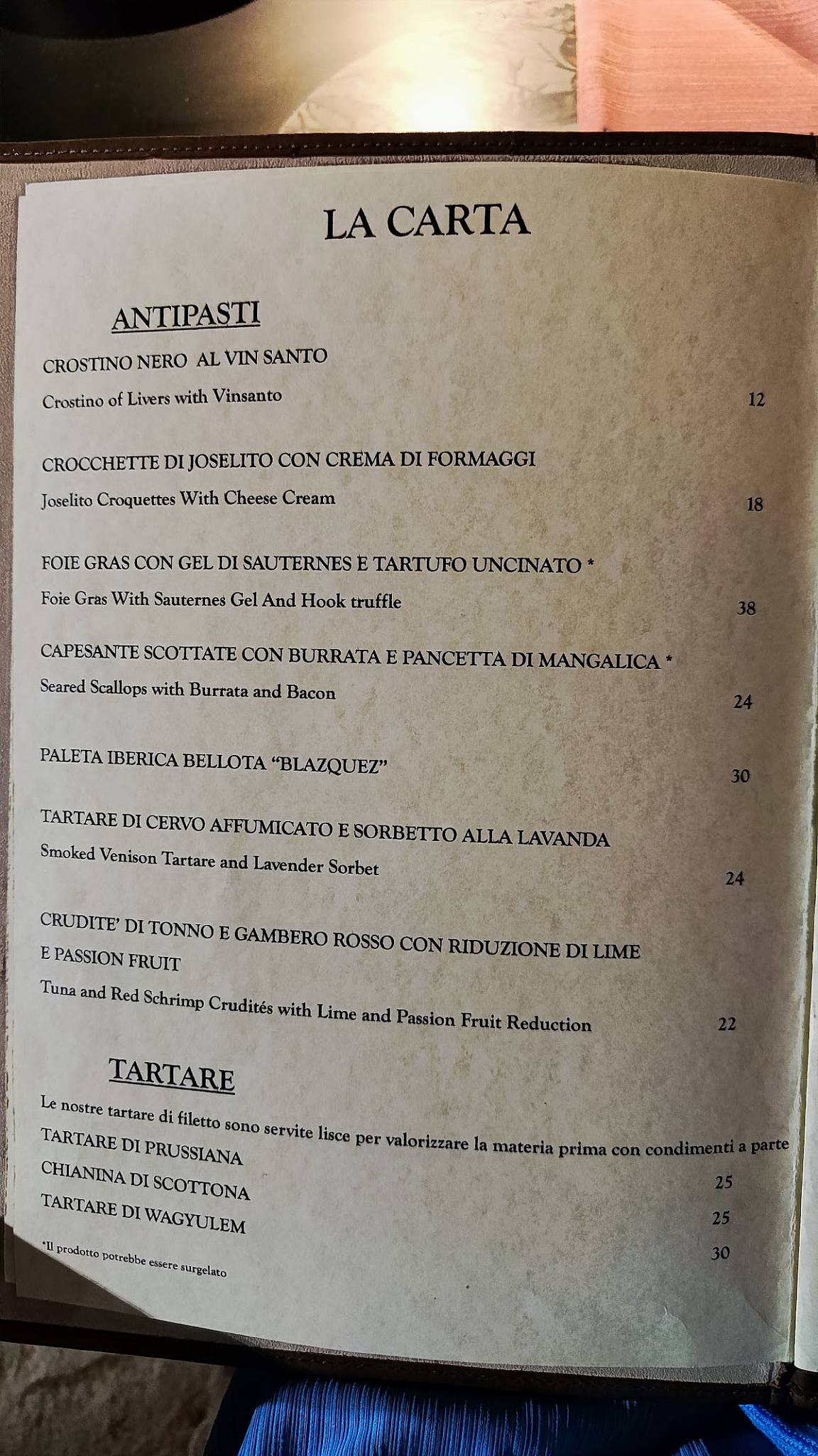Menu di Essenza Dario e Anna - dal 1964 