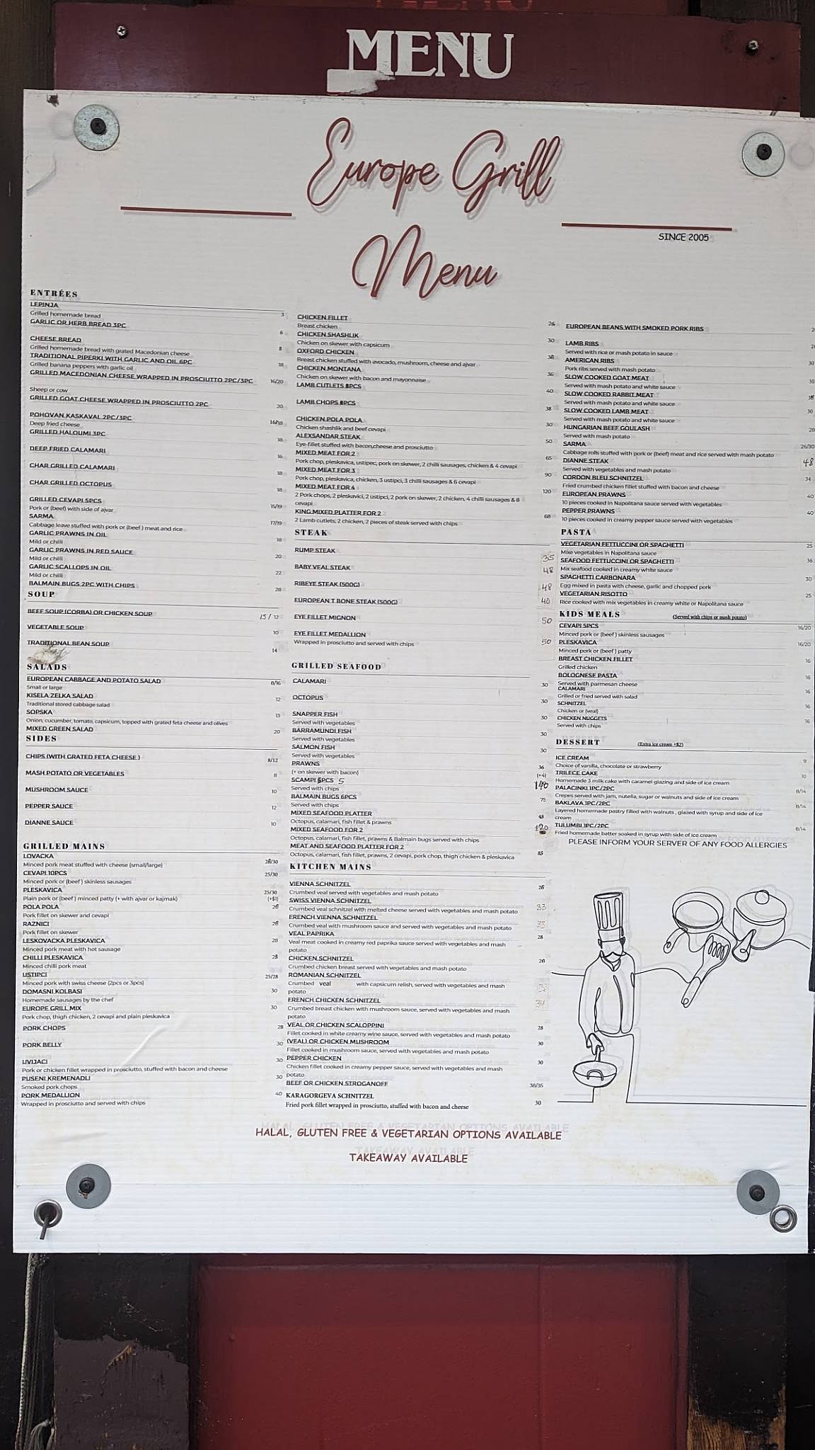 Menu at Europe Grill restaurant, Newtown