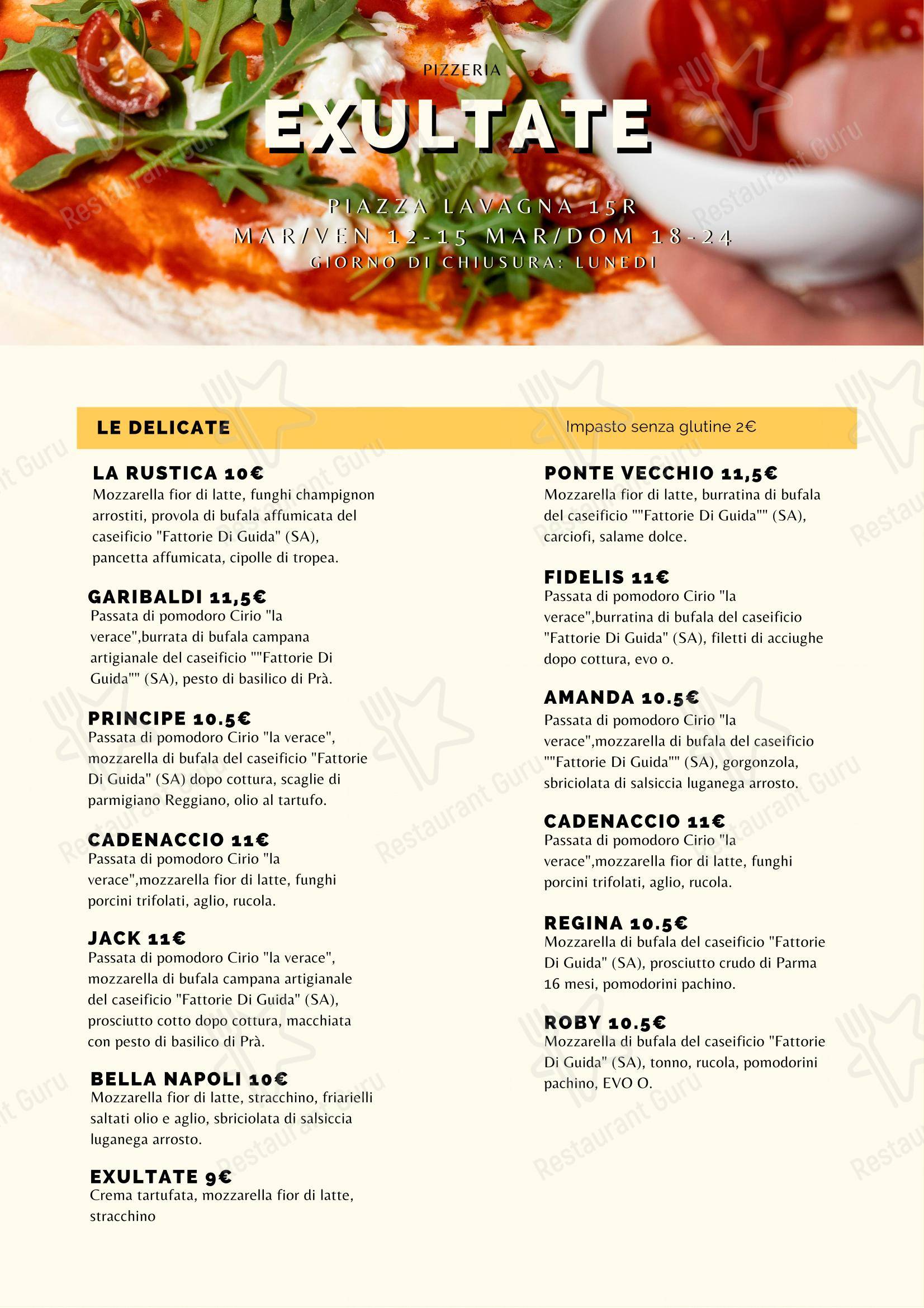 Menu per Exultate ristorante