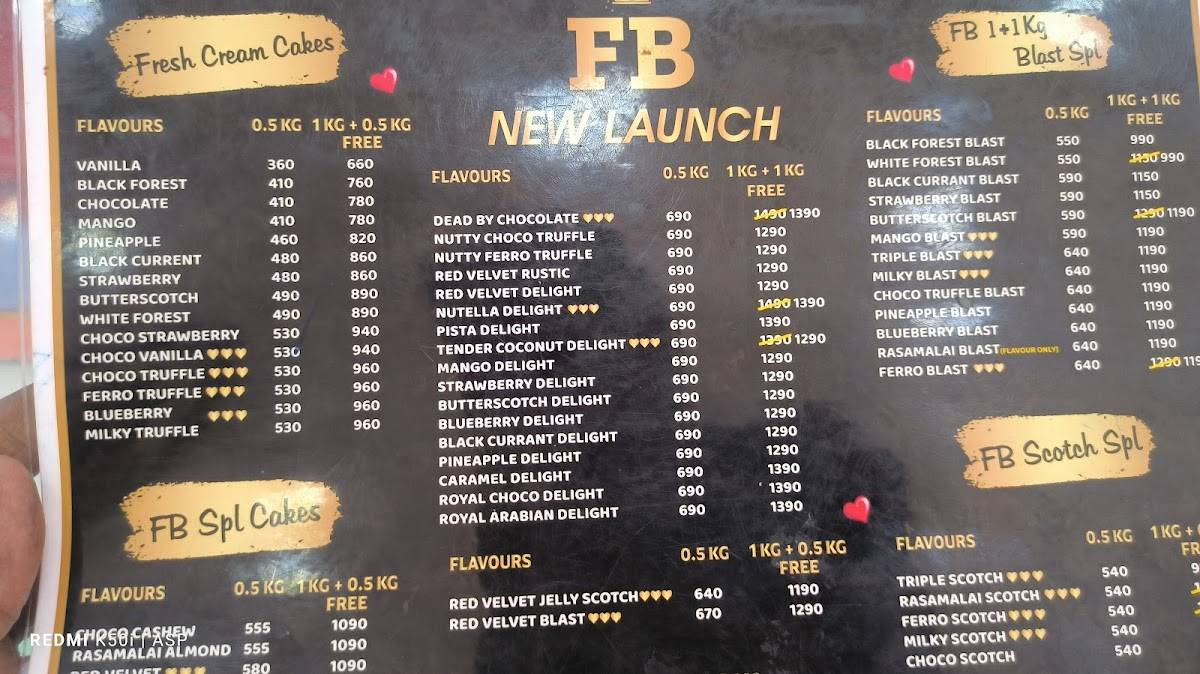 FB Cakes Pallavaram menu