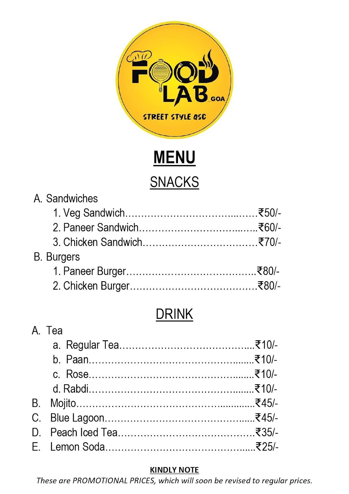 FOOD LAB GOA menu