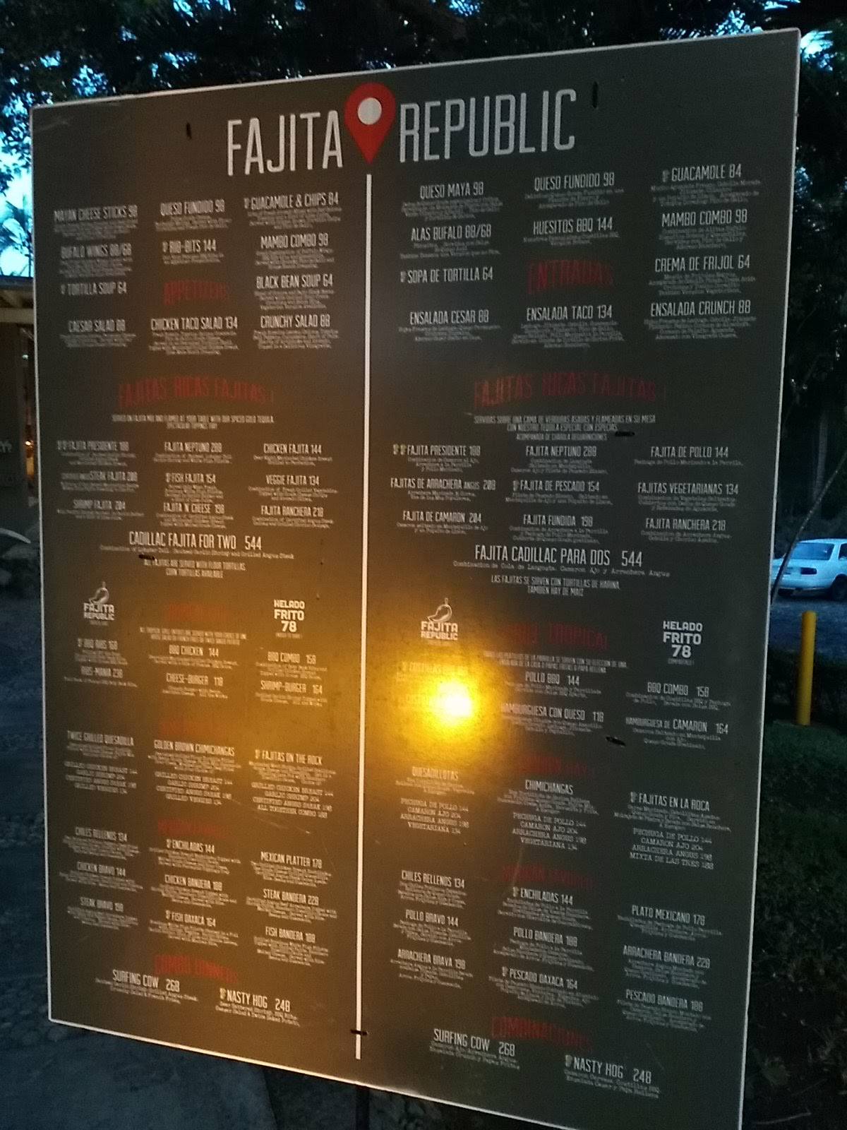 Menu at Fajita Repúblic restaurant, Nuevo Vallarta, Blvd. Nuevo