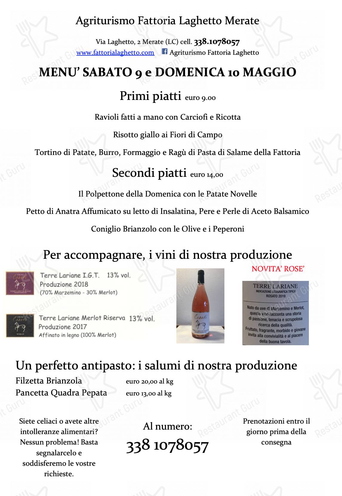Menu di Azienda Agricola Casati Marco (Fattoria Laghetto) - piatti e bevande