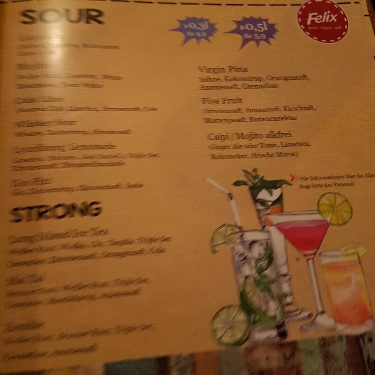 Speisekarte von Felix pub & Bar, Marburg