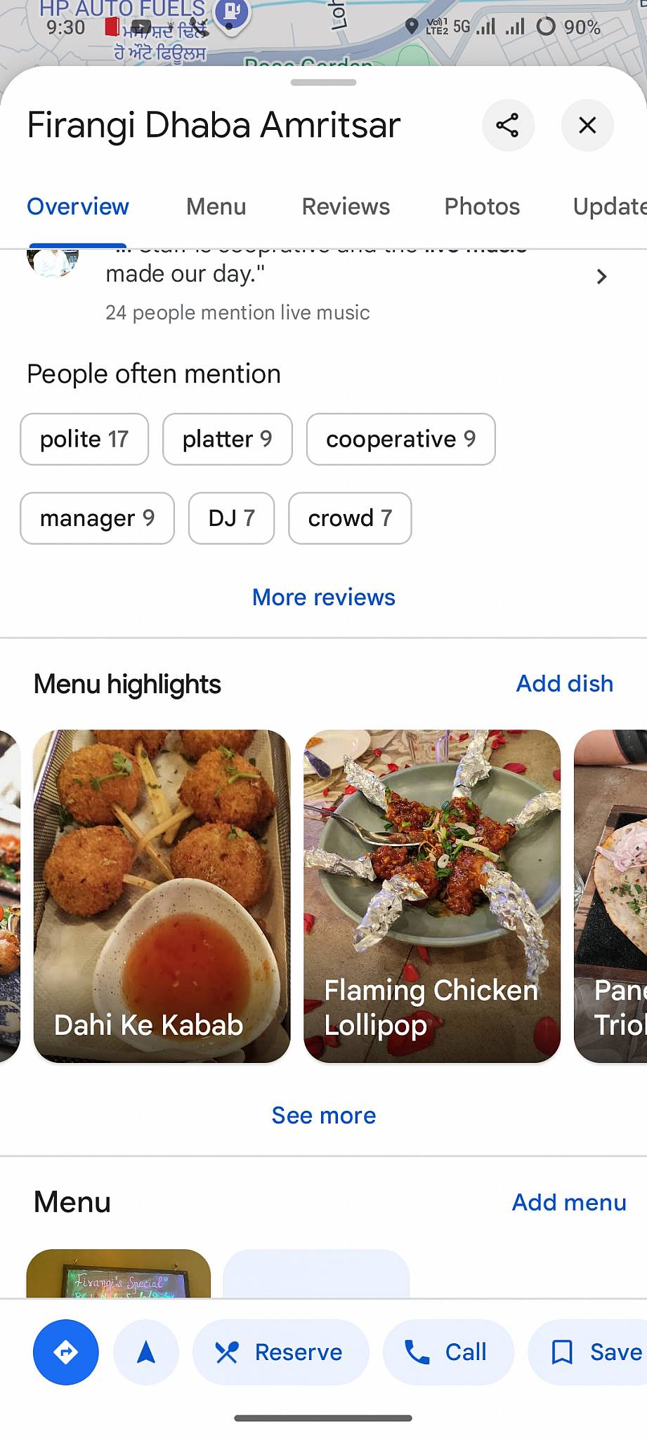 Firangi Dhaba Amritsa menu