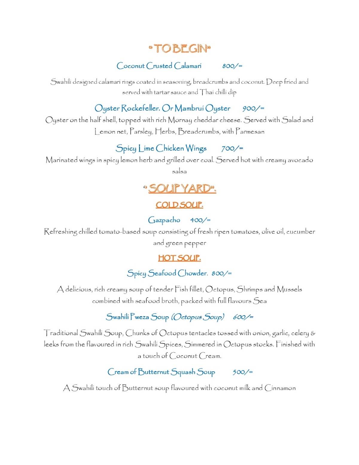 Menu at Floating Island Restaurant, Mombasa