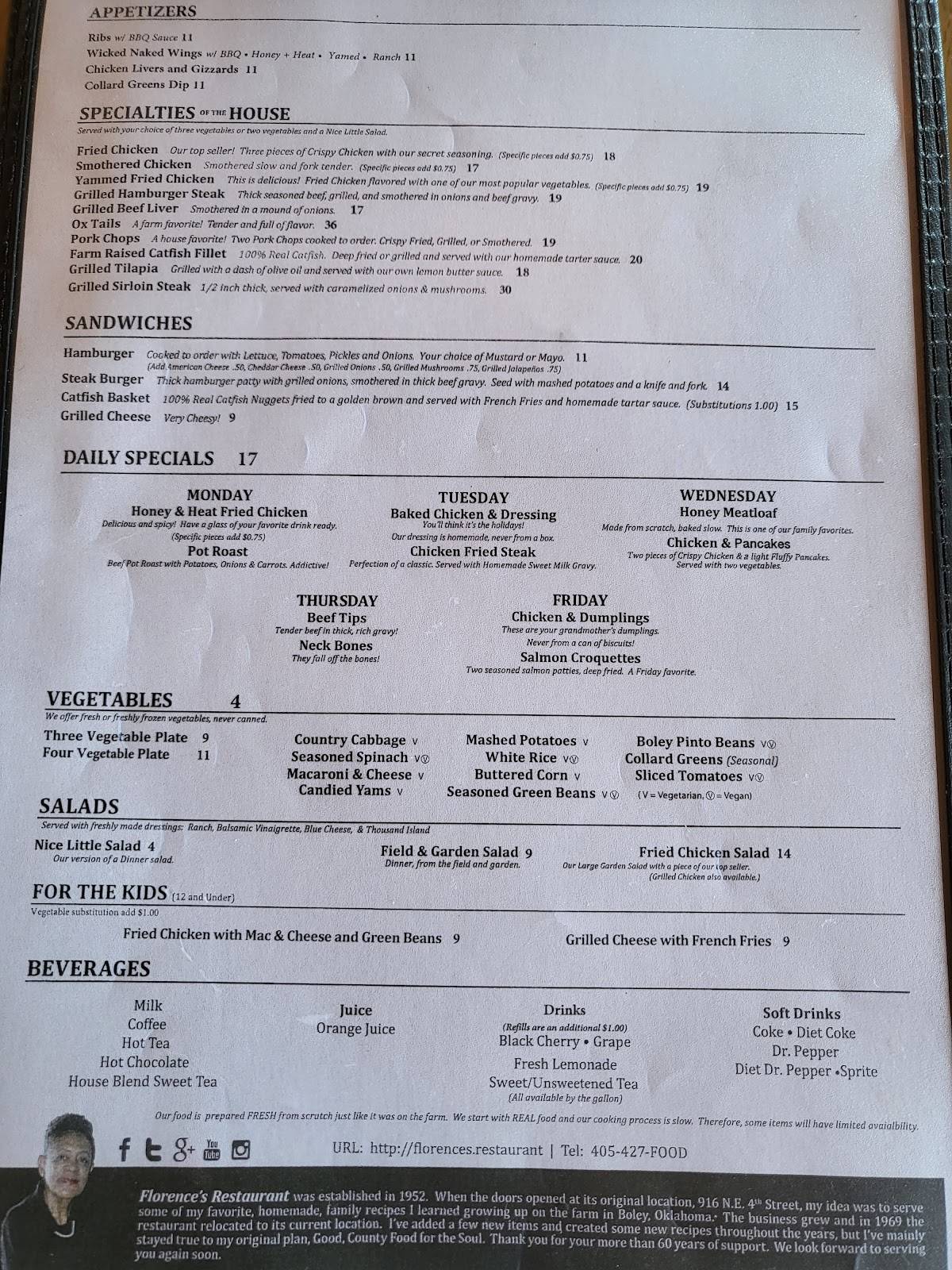 Menu at Florence's Restaurant, Oklahoma City