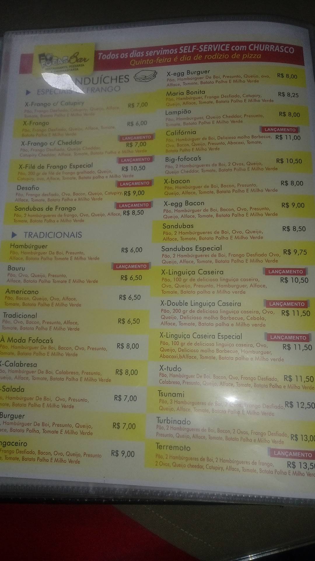 Fofoca's Bar, Restaurante, Churrascaria, Pizzaria, Lanchonete cardápio