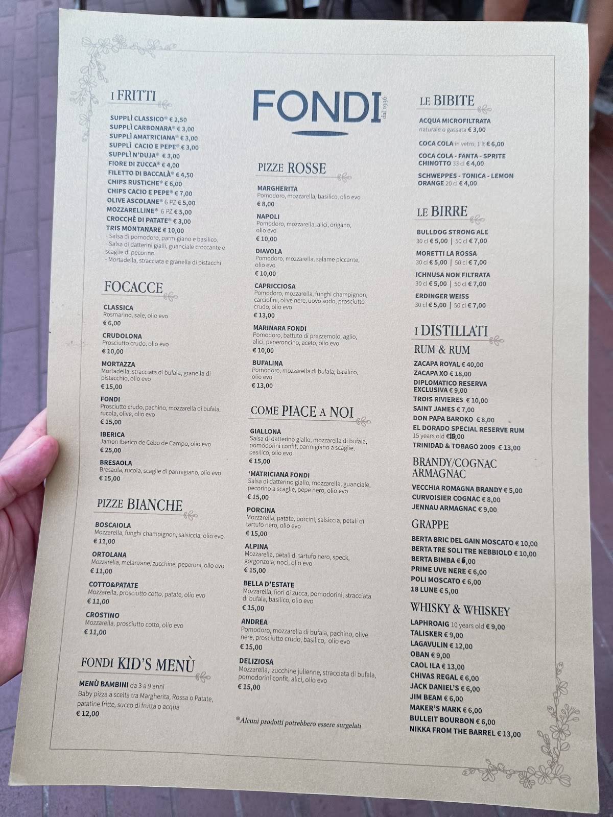 Menu di Fondi Dal 1936 - Bar - Pasticceria- Tavola Calda -ristorante 