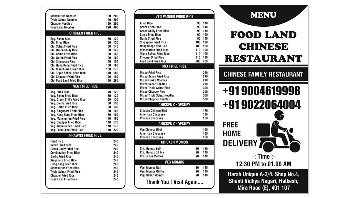Food Land Chinese Restaurant menu