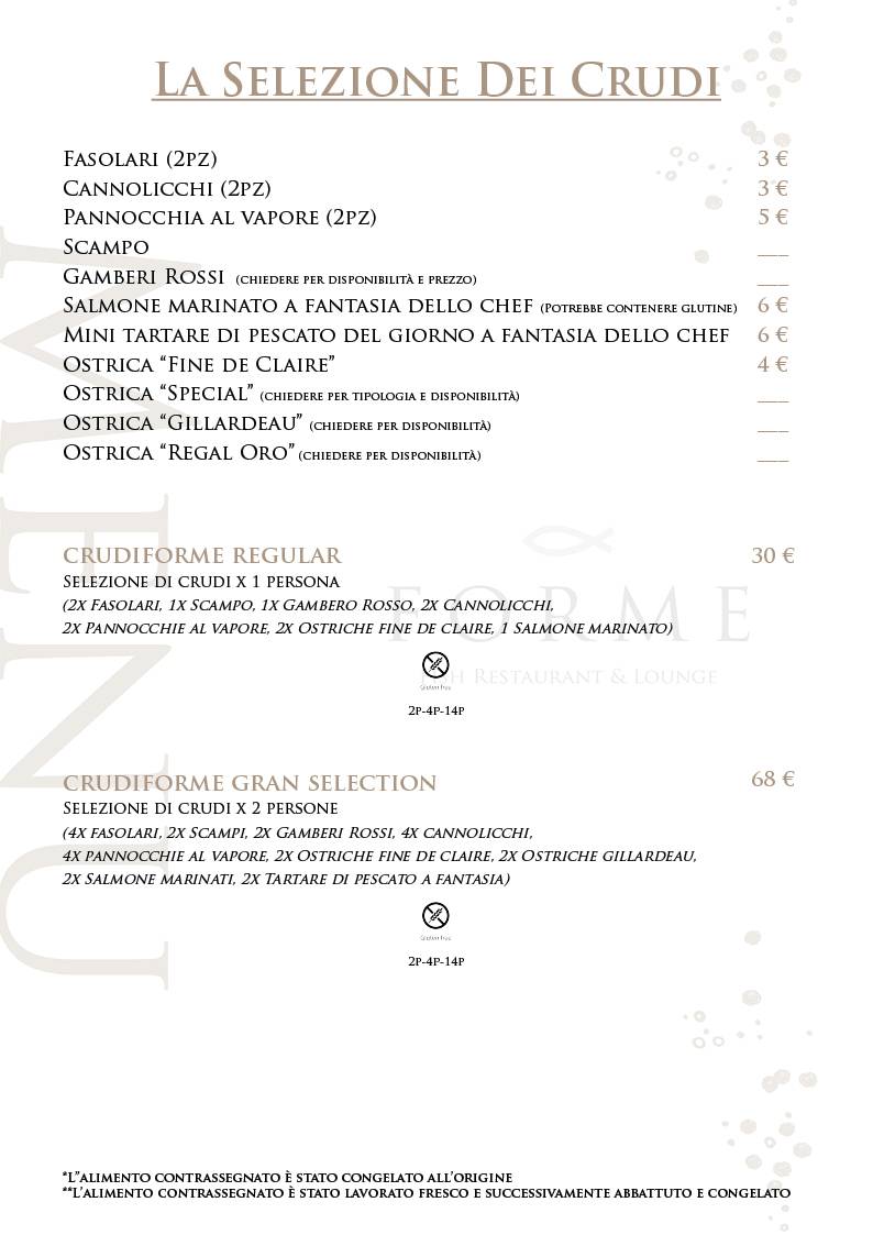 Menu di Ristorante Forme - Fish Restaurant & Lounge Bar 