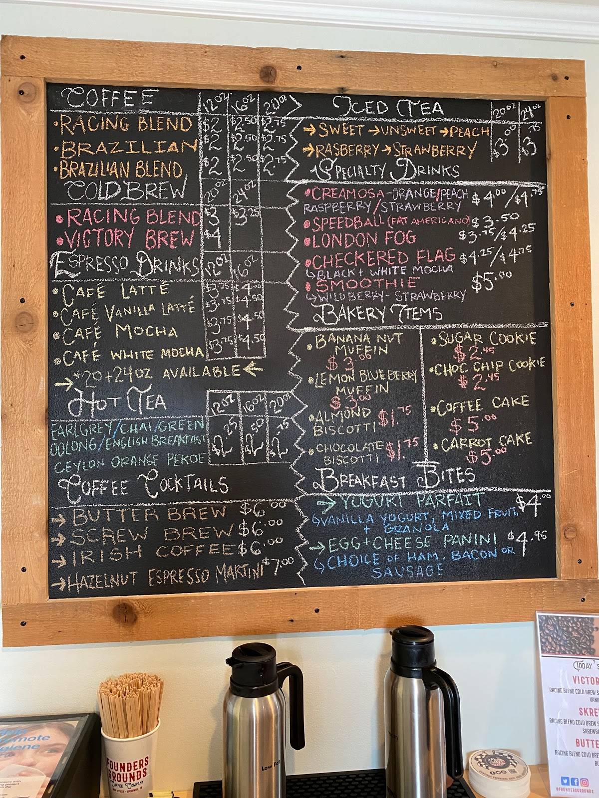 Menu at Founders Grounds Coffee Company restaurant, Speedway