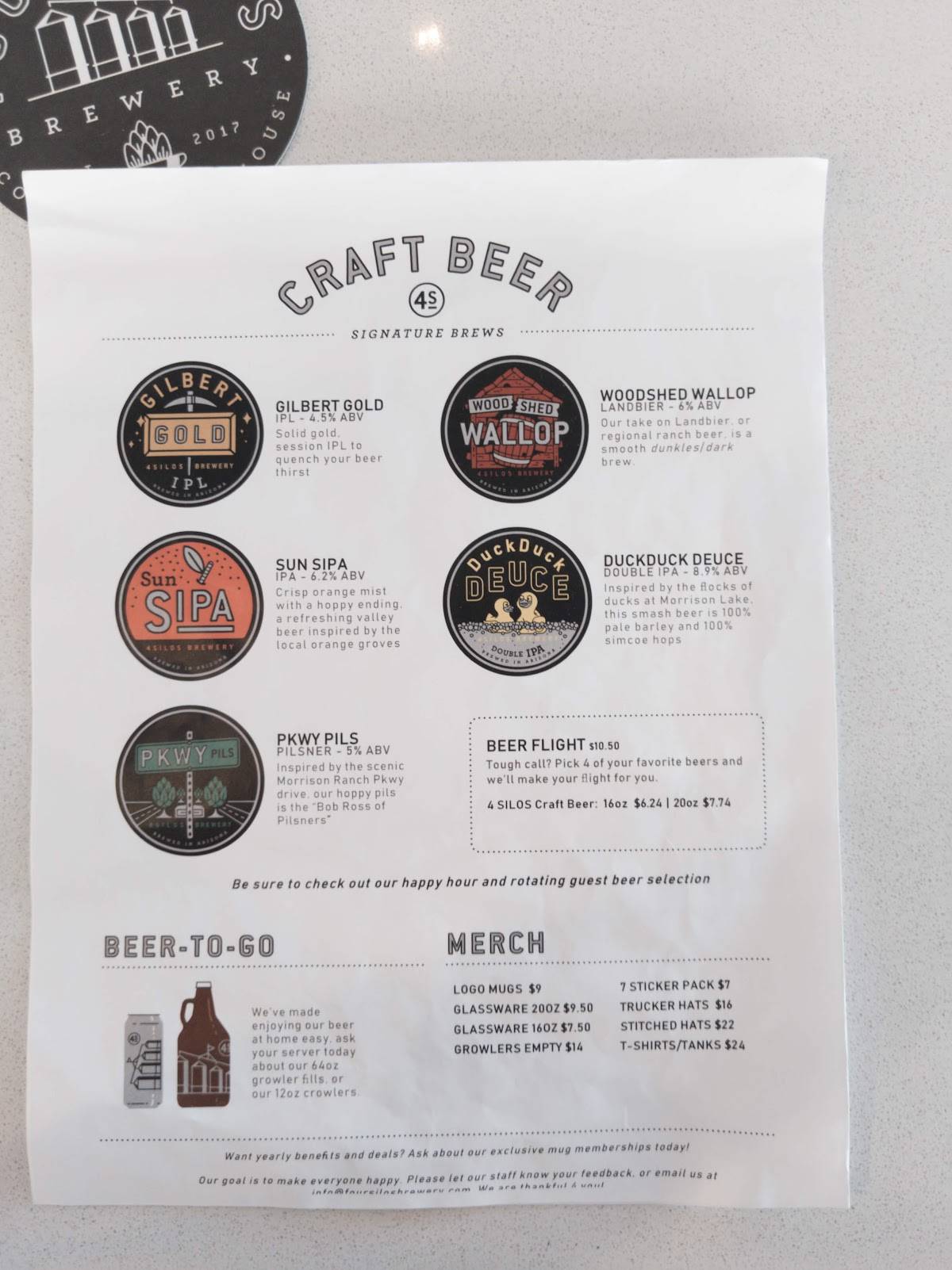 Menu at Four Silos Craft Coffee & Beer House pub & bar, Gilbert